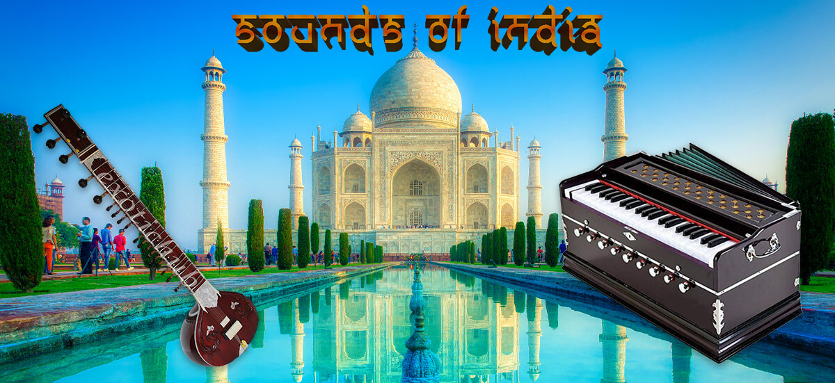 Assorted Sounds of India instruments including sitar, tabla drums, tanpura and bansuri flute displayed in a music store collection at Son of Drum