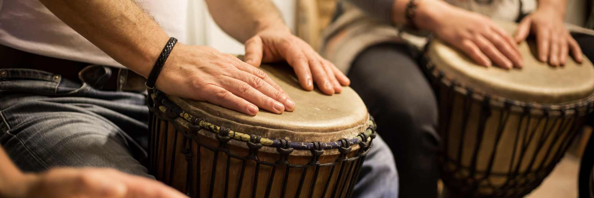 Assorted percussion instruments including djembes, cajons, congas, bongos, shakers and tambourines displayed in a music store collection at Son of Drum