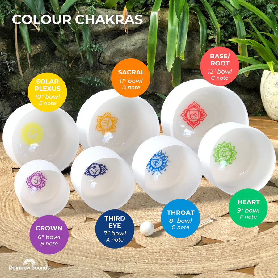 Set of 7 White Crystal Singing Bowls in Beige Bags - Coloured chakra
