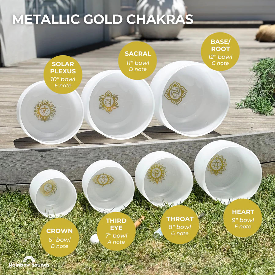 Set of 7 White Crystal Singing Bowls in Beige Bags - Gold chakras
