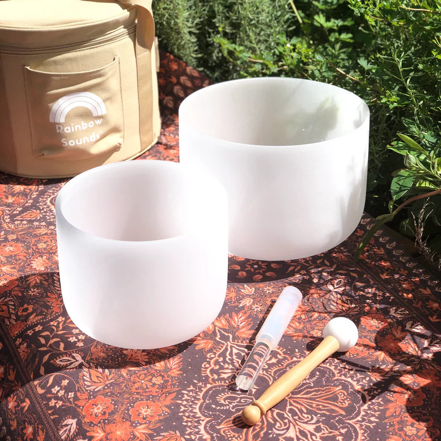 Sound healing setup with Earth Star and Soul Star chakra bowls