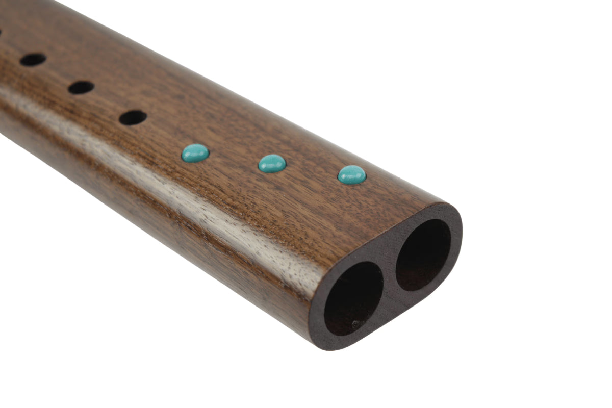 High Spirits Double Nova Flute - A Walnut with turquoise inlays son of drum