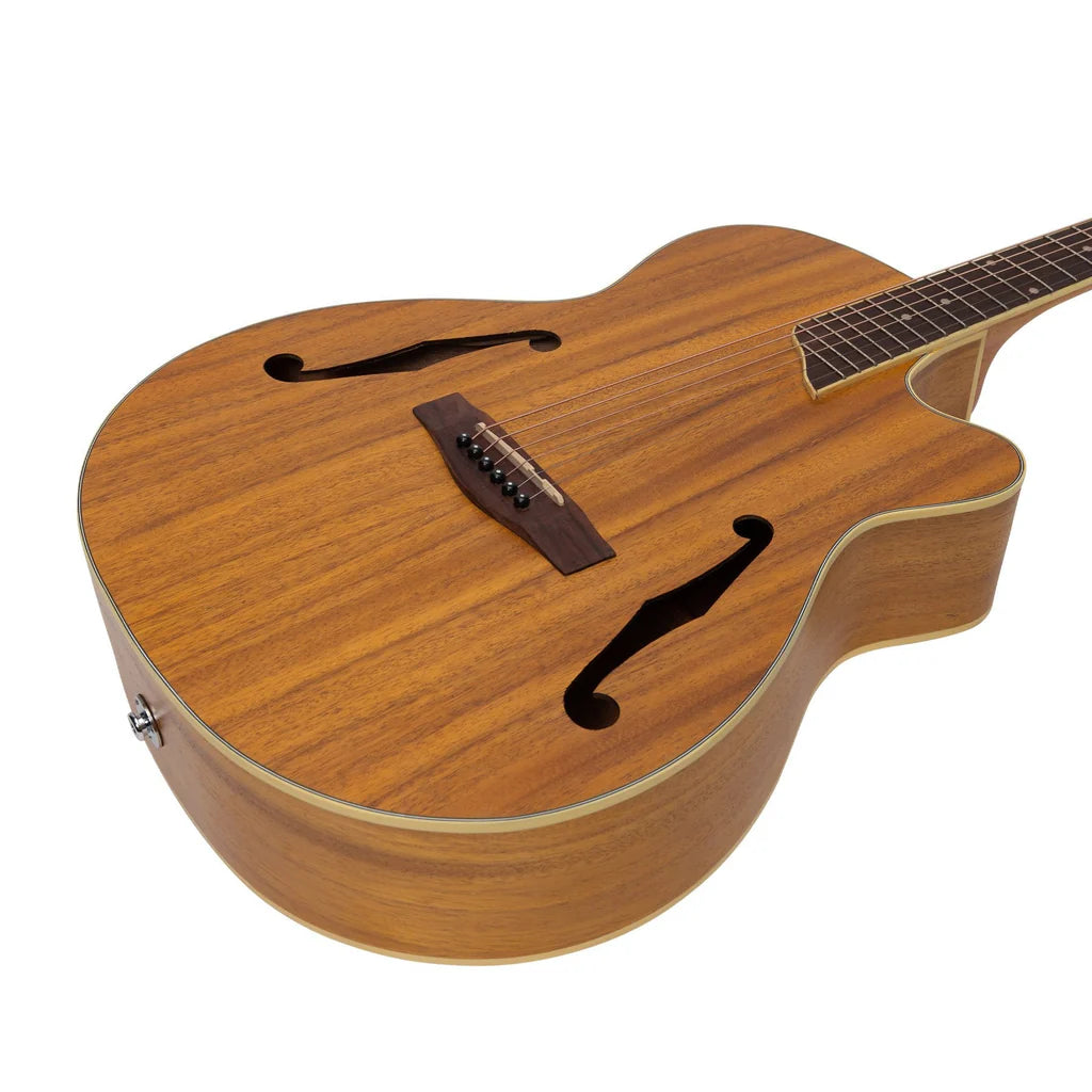 Martinez jazz hybrid guitar koa wood body detail