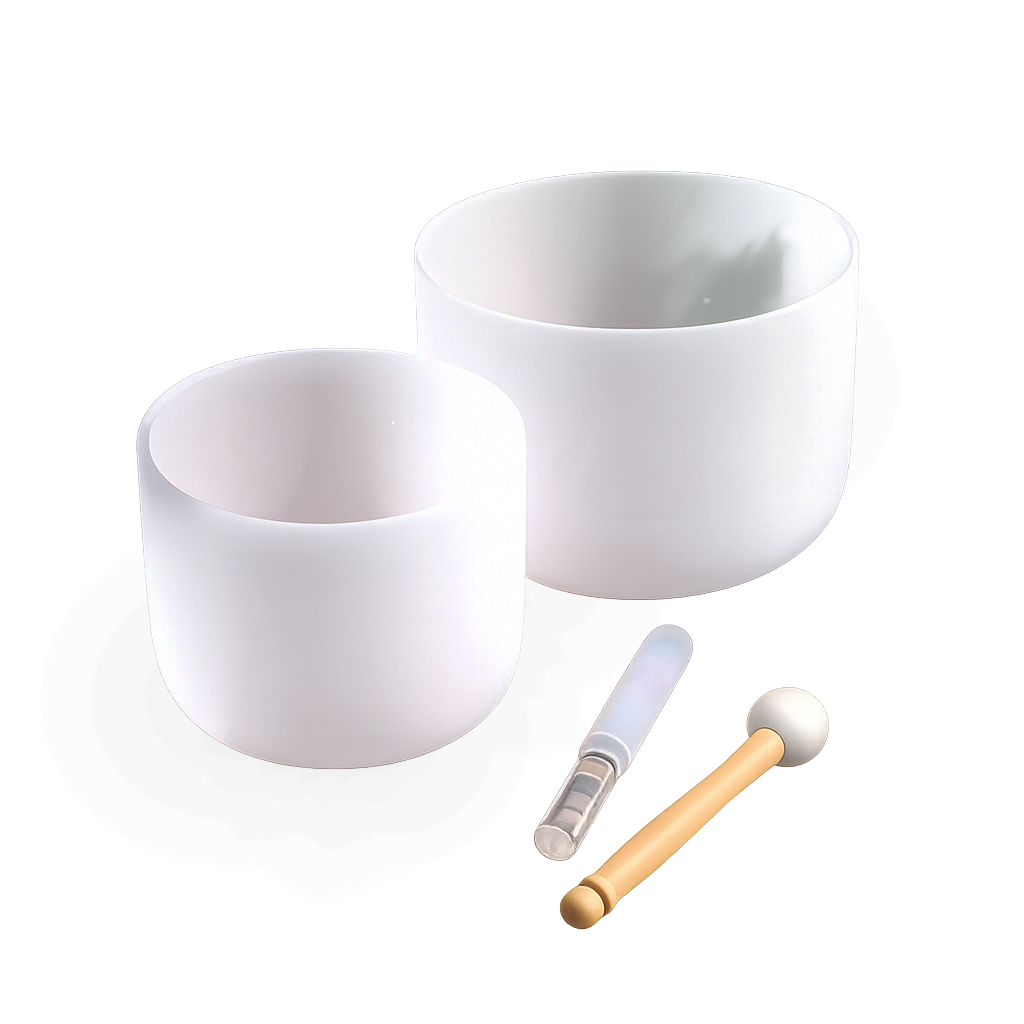 Earth Star and Soul Star crystal singing bowl set with beige carry bag